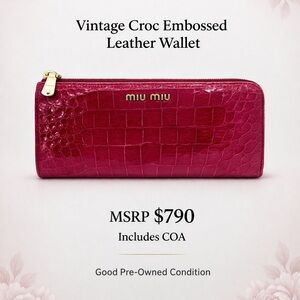 Miu Miu Vintage Croc Embossed Leather Zip Wallet Pink Gold COA